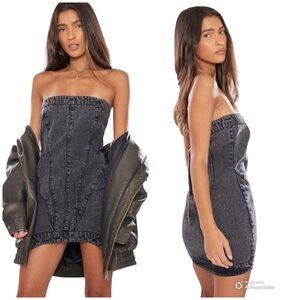 PrettyLittleThing Washed Black Asymmetric Denim Mini Dress NWT Size 4